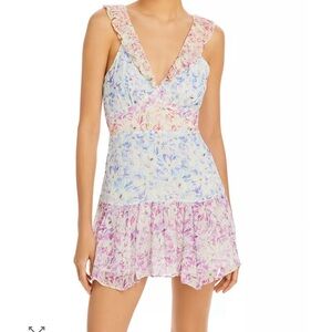 LoveShackFancy Silk Floral V-Neck Mini Dress